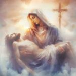 Blessed Virgin Mary loving holding her crucified Son, Jesus_watercolor style_ai_Facing the Consequences of Our Sins_300X300